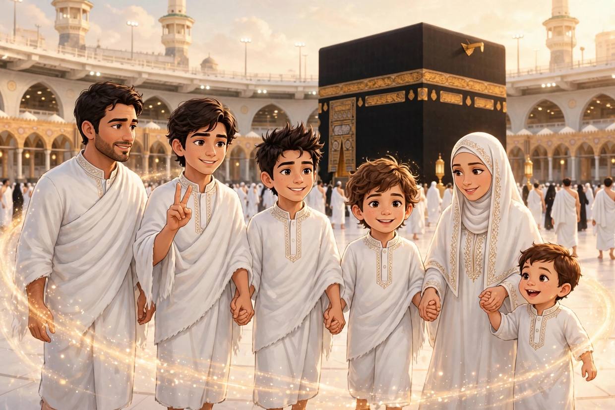 La famille tourne autour de la Kaaba, main dans la main